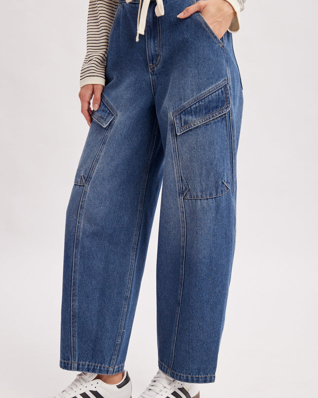 Denim Cargo Drawstring Barrel Jeans - Shop Simply Apparel