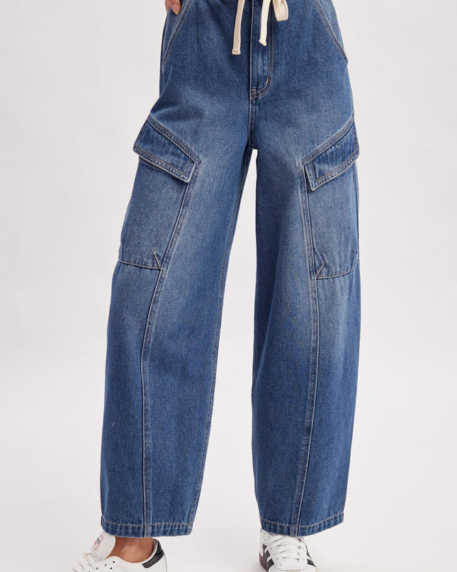 Denim Cargo Drawstring Barrel Jeans