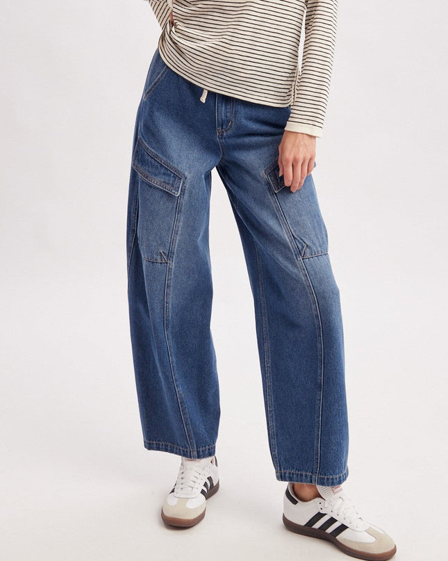 Denim Cargo Drawstring Barrel Jeans - Shop Simply Apparel