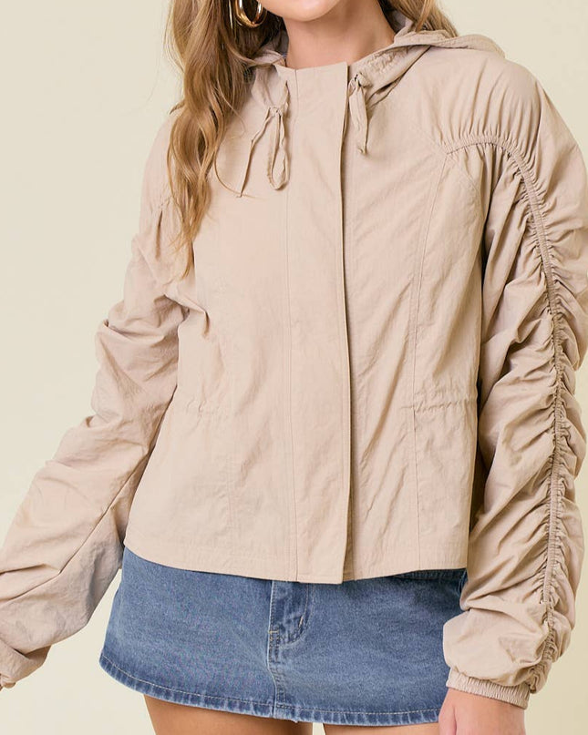 Doe & Rae Cinched Sleeve Lightweight Hooded Jacket