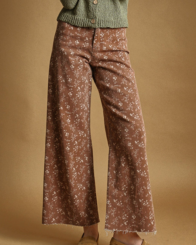 Earthy Rust Floral Print Stretched Pants