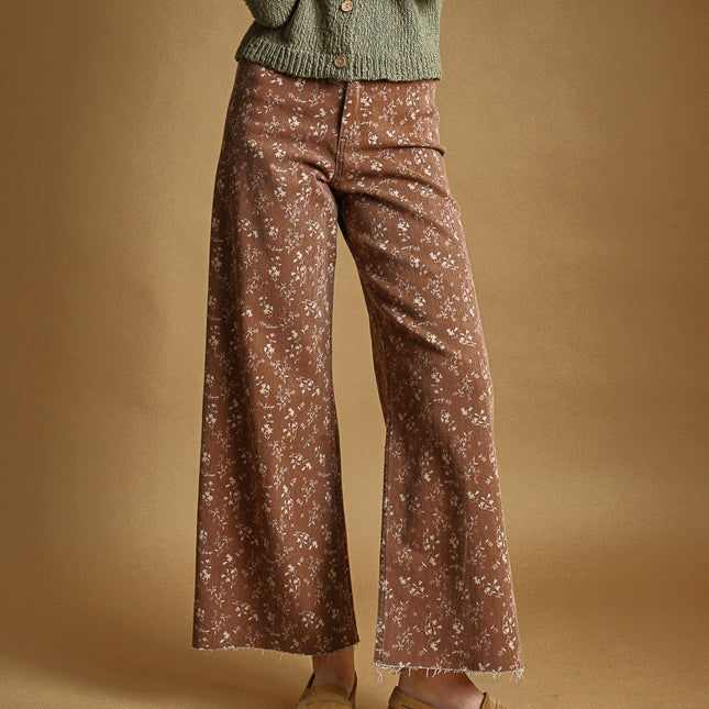 Earthy Rust Floral Print Stretched Pants