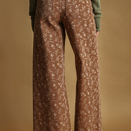 Earthy Rust Floral Print Stretched Pants
