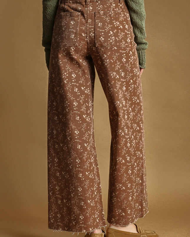 Earthy Rust Floral Print Stretched Pants