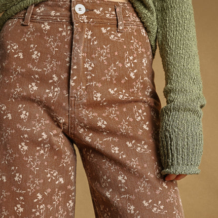 Earthy Rust Floral Print Stretched Pants