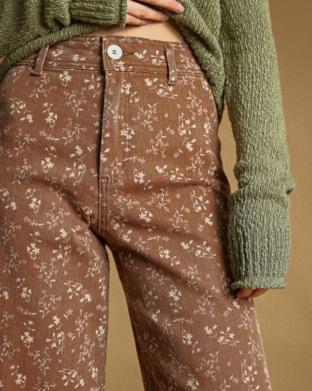Earthy Rust Floral Print Stretched Pants