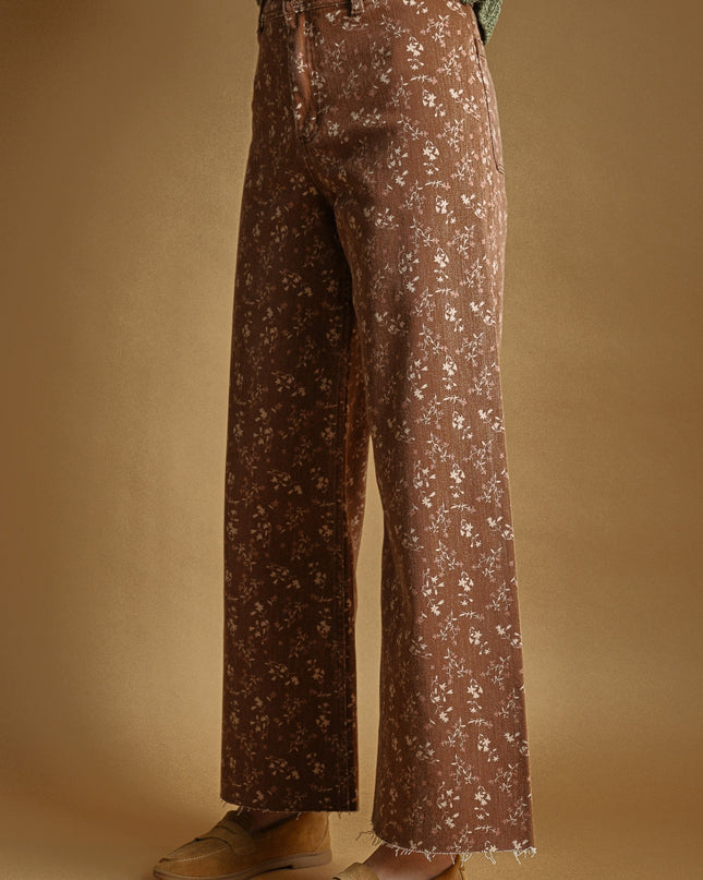 Earthy Rust Floral Print Stretched Pants