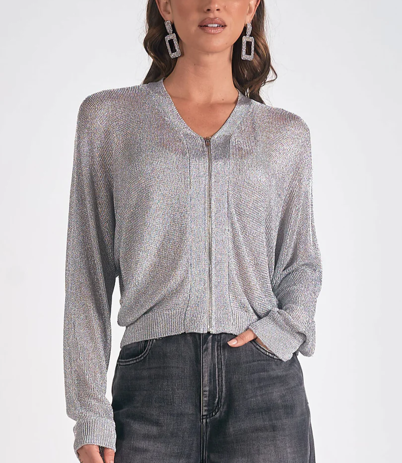 Elan Silver Metallic Sweater Cardigan