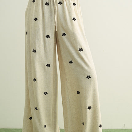 Oatmeal Embroidery Detail Linen Pants
