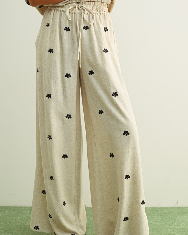 Oatmeal Embroidery Detail Linen Pants