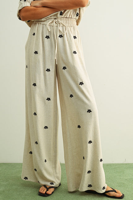 Oatmeal Embroidery Detail Linen Pants