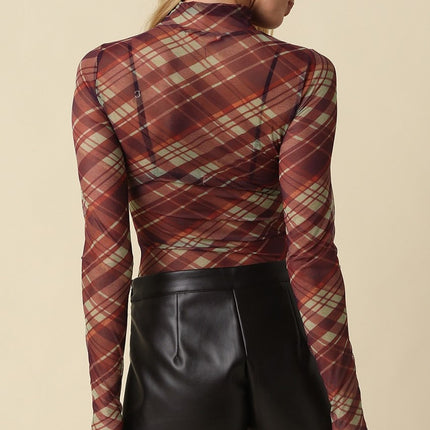PRE-ORDER Eva Plaid Mesh Mock Neck Top