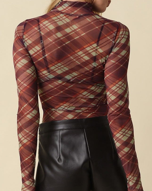 PRE-ORDER Eva Plaid Mesh Mock Neck Top
