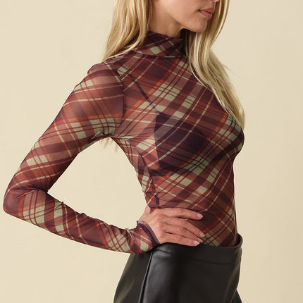 PRE-ORDER Eva Plaid Mesh Mock Neck Top