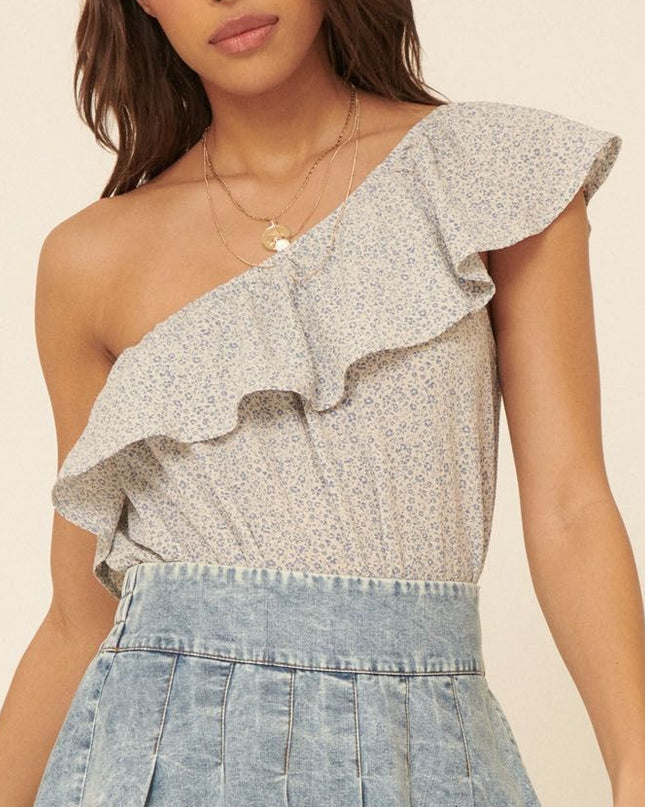 Faded Denim Blue Floral Ditsy Print Bodysuit