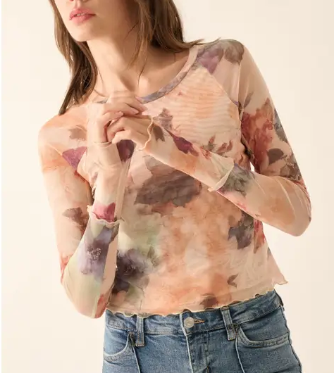 Floral-Print Mesh Long-Sleeve Thumbhole Top