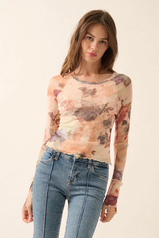 Floral-Print Mesh Long-Sleeve Thumbhole Top - Shop Simply Apparel