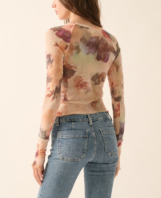 Floral-Print Mesh Long-Sleeve Thumbhole Top - Shop Simply Apparel