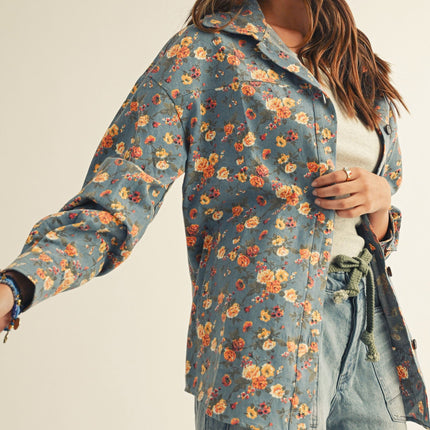 Floral Denim Oversized Button Down Shirt