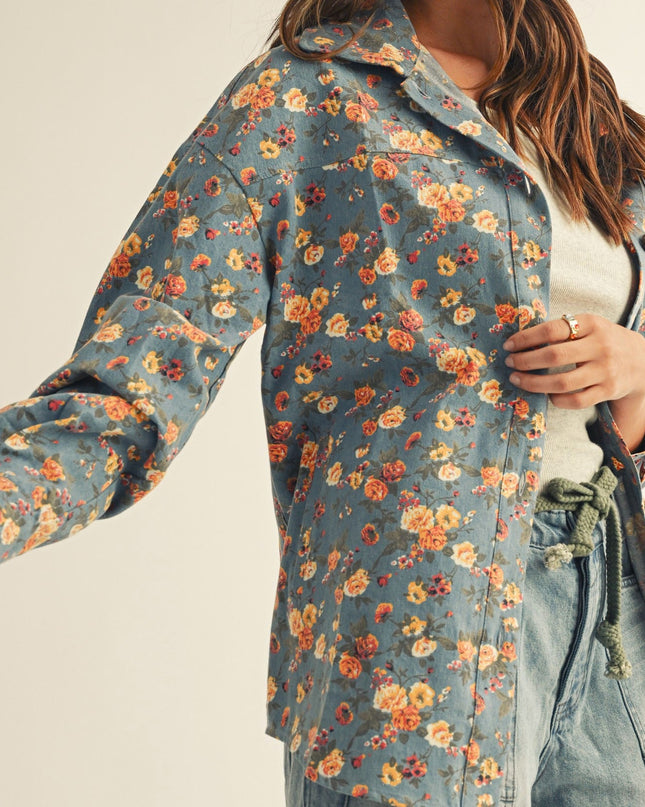 Floral Denim Oversized Button Down Shirt