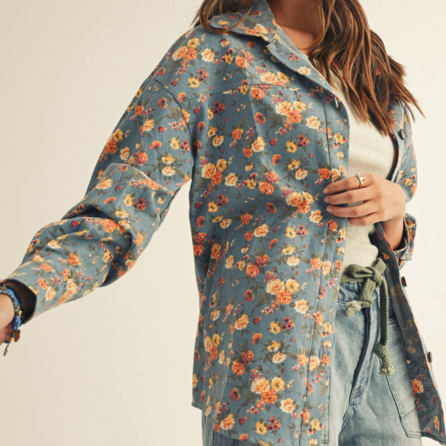 Floral Denim Oversized Button Down Shirt