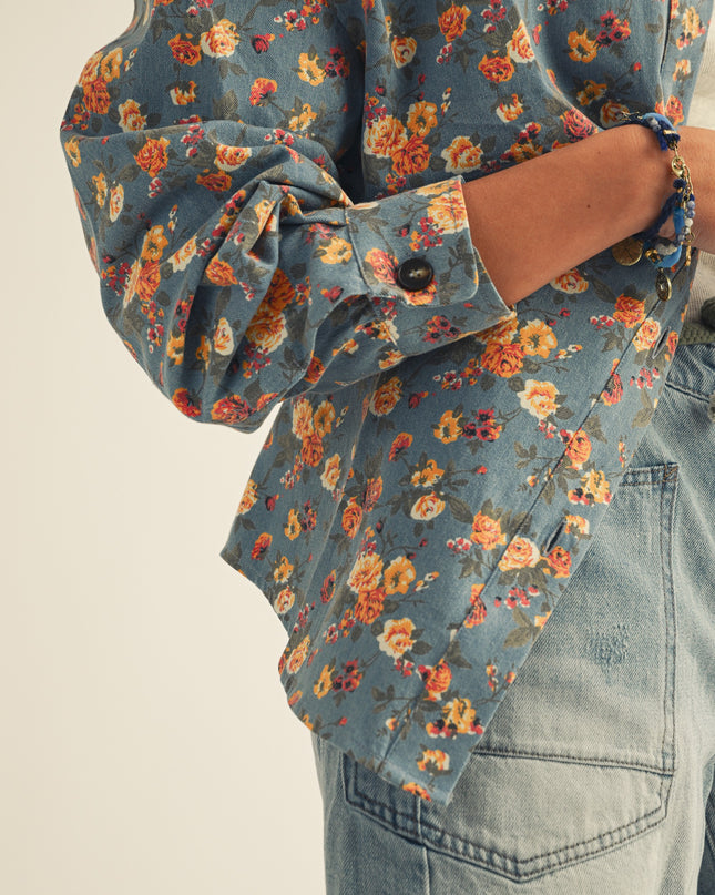 Floral Denim Oversized Button Down Shirt