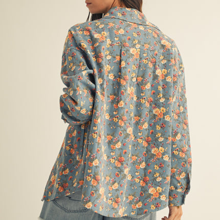 Floral Denim Oversized Button Down Shirt