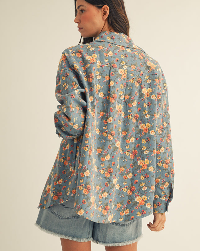 Floral Denim Oversized Button Down Shirt