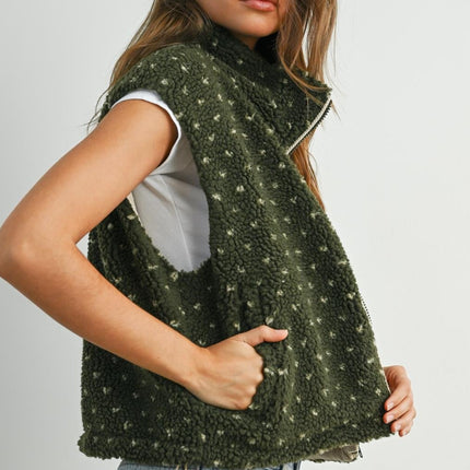 Olive Floral Fleece Sherpa Vest
