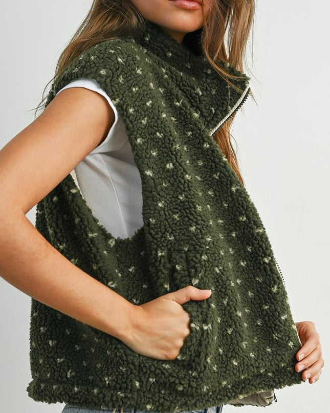 Olive Floral Fleece Sherpa Vest