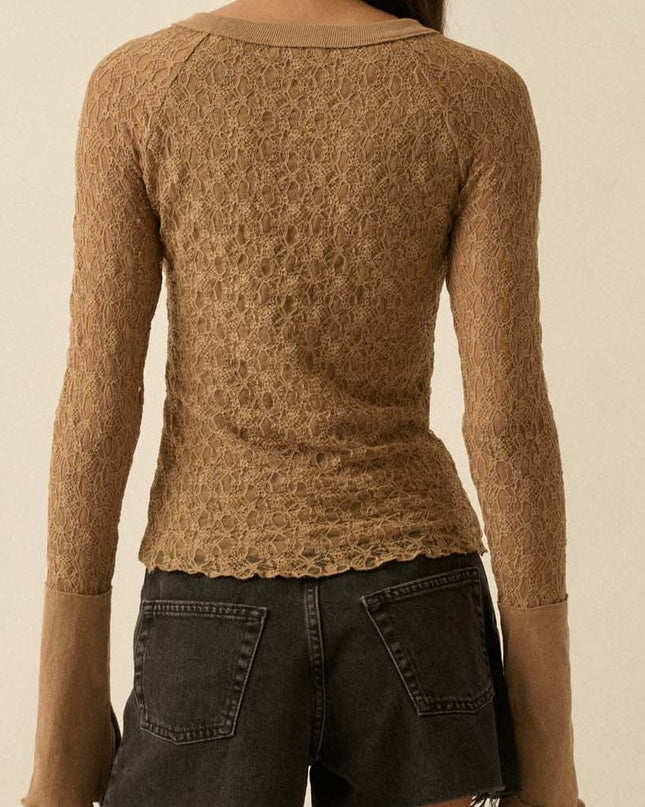 Taupe Floral Lace Henley Top