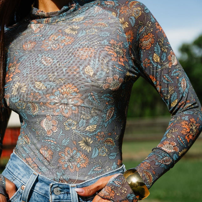Grey Orange and Blue Floral Mesh Top