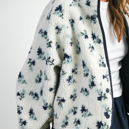 Ivory/Navy Floral Print Fluffy Fleece Jacket