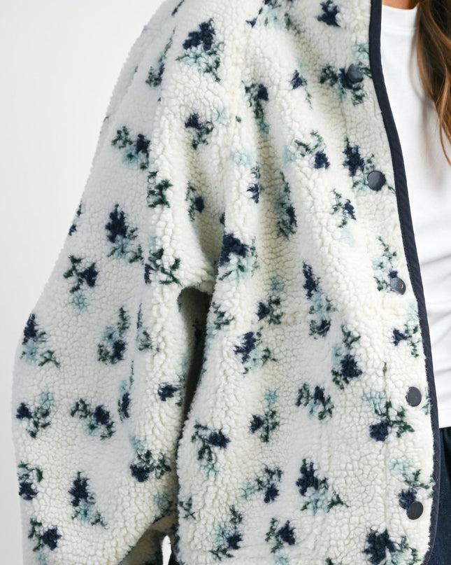 Ivory/Navy Floral Print Fluffy Fleece Jacket