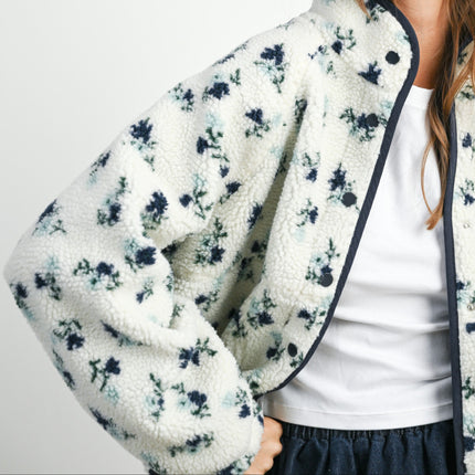 Ivory/Navy Floral Print Fluffy Fleece Jacket