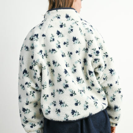 Ivory/Navy Floral Print Fluffy Fleece Jacket