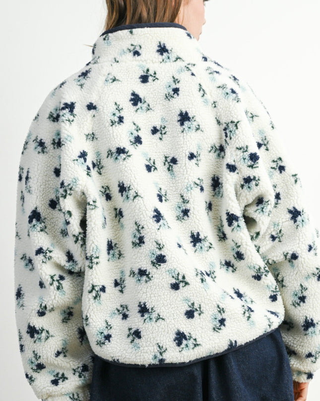 Ivory/Navy Floral Print Fluffy Fleece Jacket