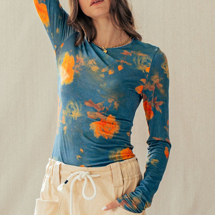 Teal Multi Floral Print Mesh Long-sleeve Top