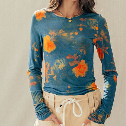 Teal Multi Floral Print Mesh Long-sleeve Top