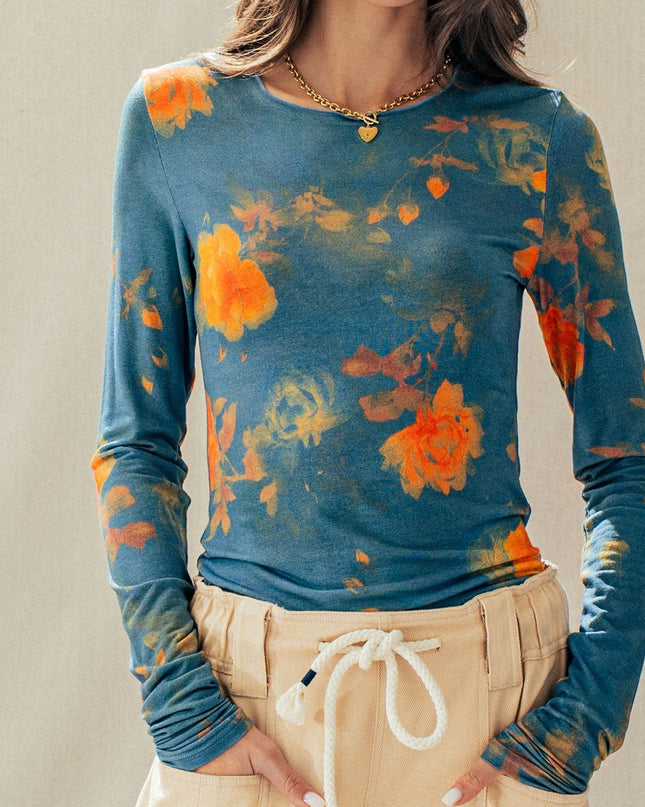 Teal Multi Floral Print Mesh Long-sleeve Top