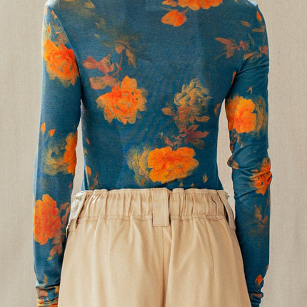 Teal Multi Floral Print Mesh Long-sleeve Top