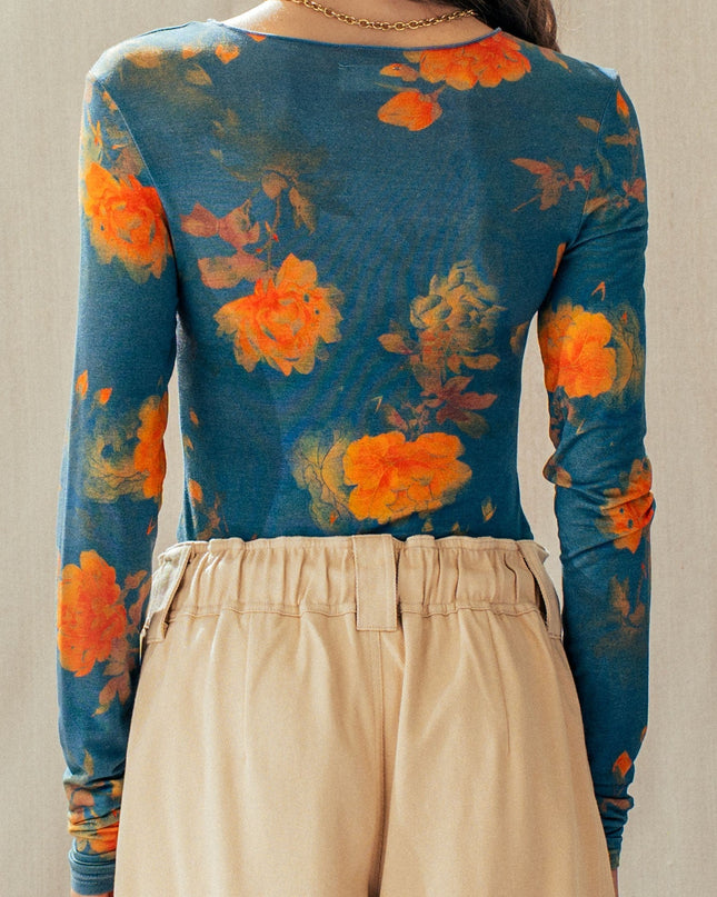 Teal Multi Floral Print Mesh Long-sleeve Top