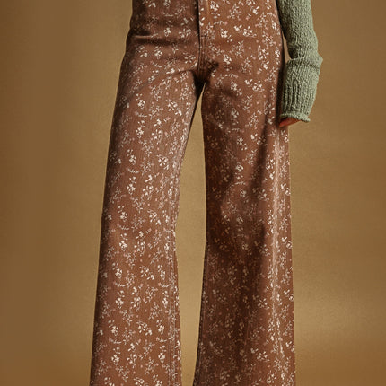 Earthy Rust Floral Print Stretched Pants