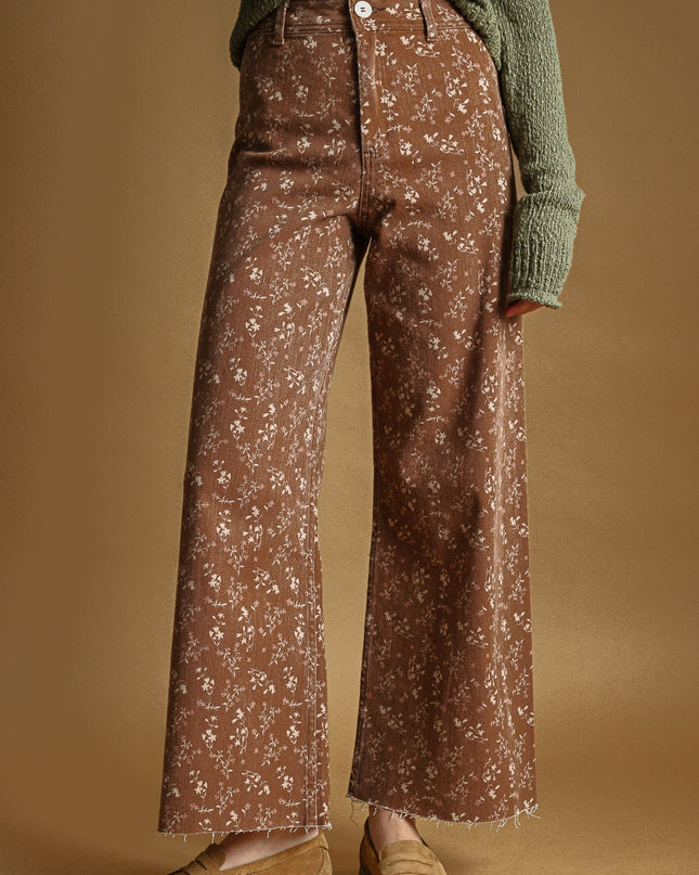 Earthy Rust Floral Print Stretched Pants