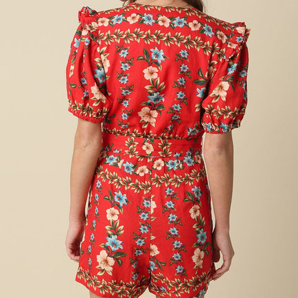 Red Floral Ruffle Belted Romper