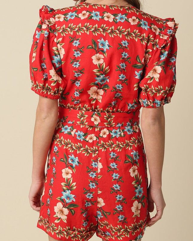 Red Floral Ruffle Belted Romper