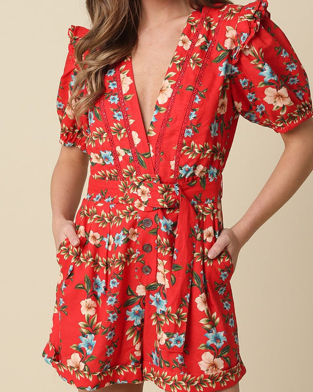 Red Floral Ruffle Belted Romper