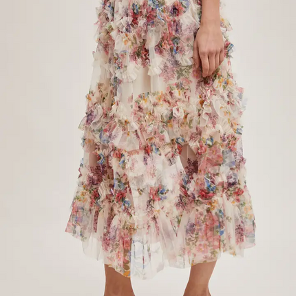 Ecru Floral Ruffled Mesh Midi Skirt