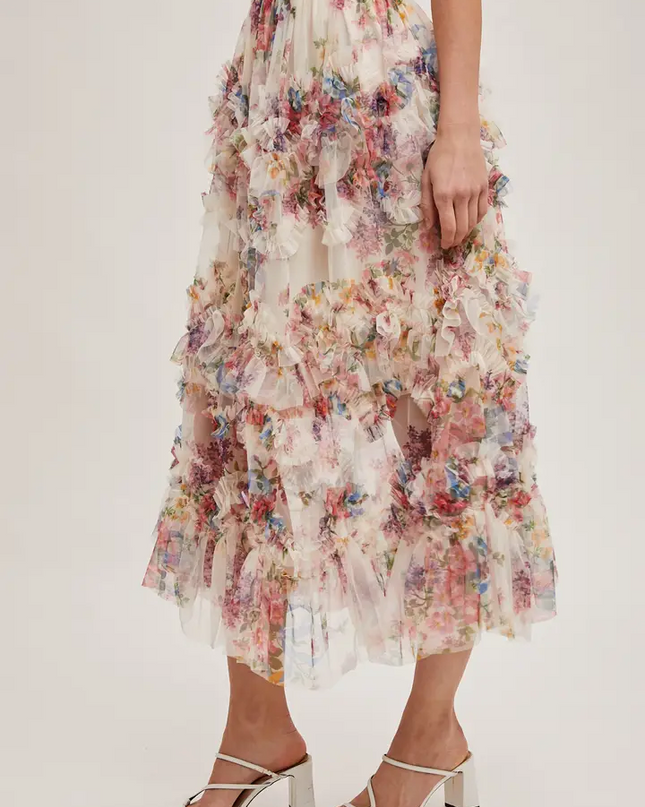Ecru Floral Ruffled Mesh Midi Skirt