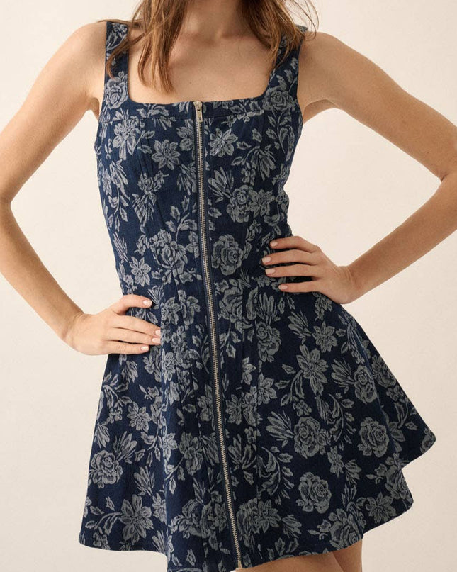 Floral Jacquard Denim Zip-Up Corset Mini Dress
